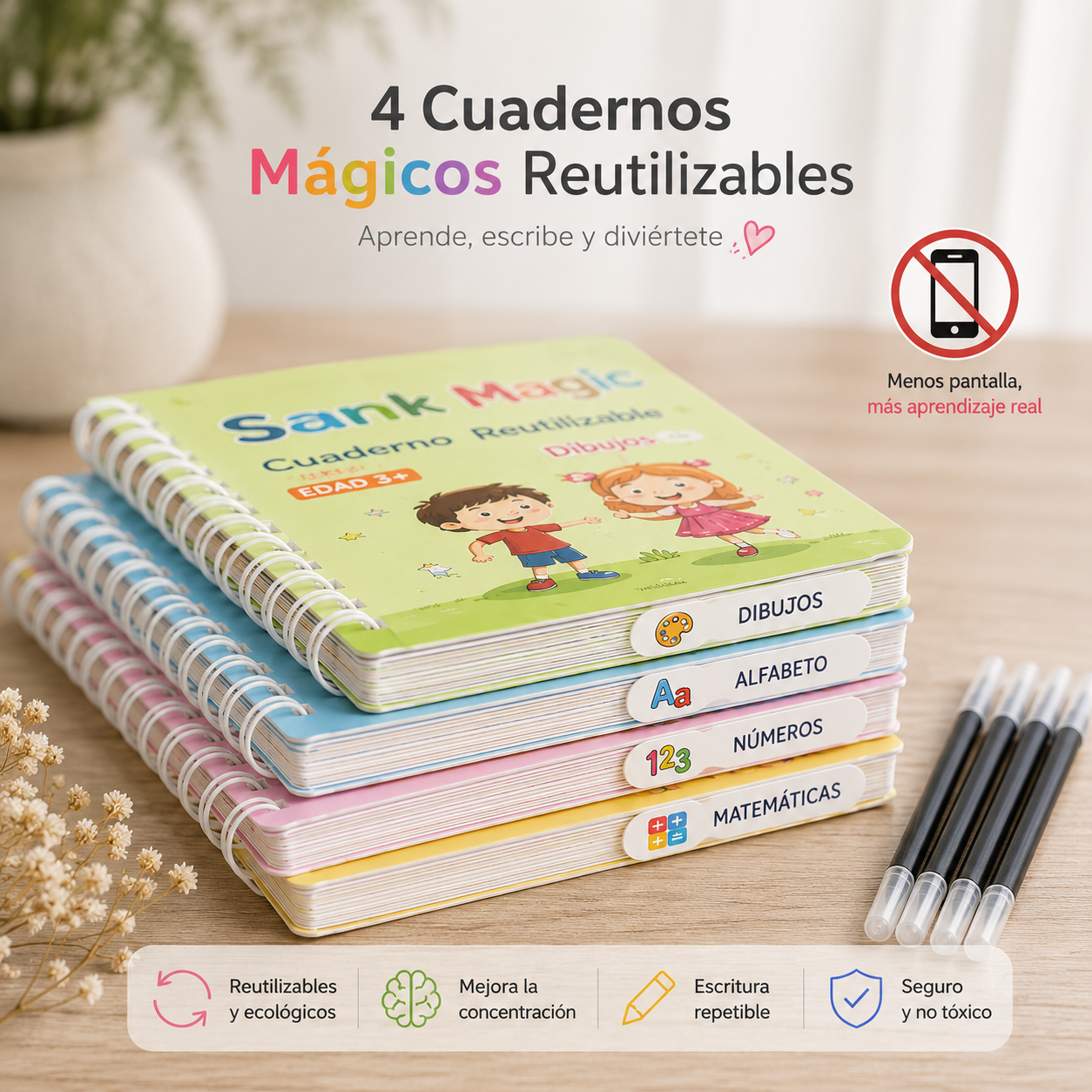 📚 CUADERNO MÁGICO MONTESSORI – Caligrafía reutilizable, ¡aprende a escribir jugando y sin pantallas!✨