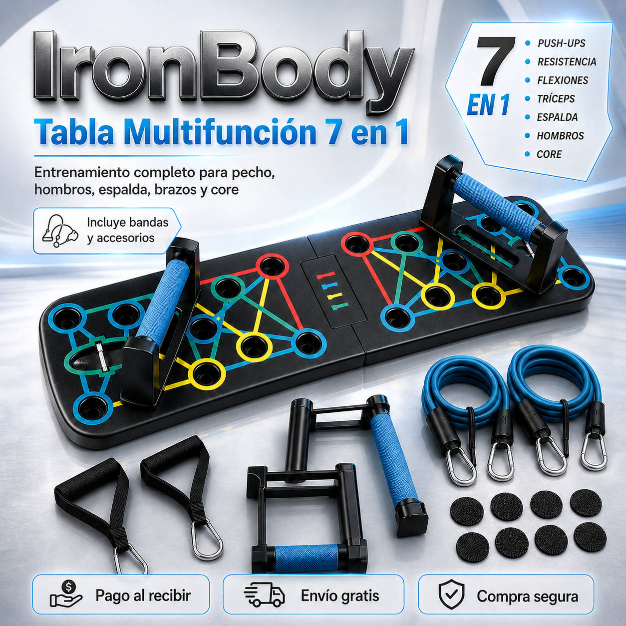 🏋️IronBody Tabla Multifunción 7 en 1 + Kit Completo de Agarres y Correas — Resultados de gimnasio en casa