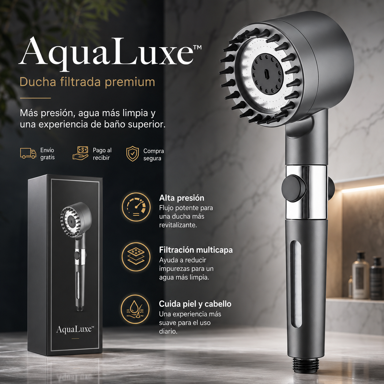 🚿AquaLuxe™ - Ducha filtrada premium - Más presión y agua más limpia desde hoy✨