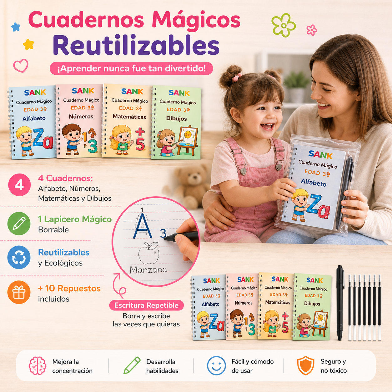📚 CUADERNO MÁGICO MONTESSORI – Caligrafía reutilizable, ¡aprende a escribir jugando y sin pantallas!✨